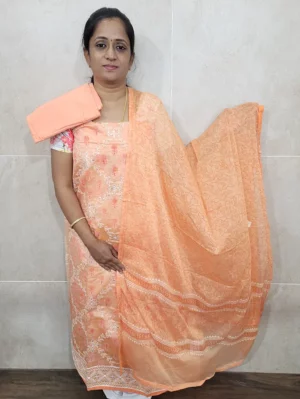 Embroidered soft chanderi silk top paired with a printed chiffon dupatta and cotton top