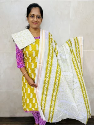 (Mustuard Yellow) Printed cottton top paired with a printed cotton dupatta and cotton bottom