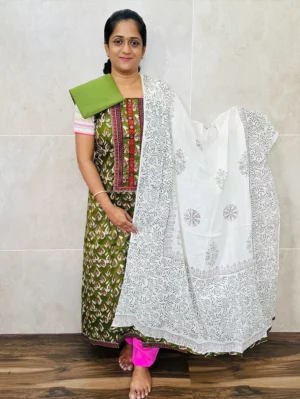 Rayon Cotton top with ajrakh patchwork on yoke paired with printed cotton dupatta and cotton bottom