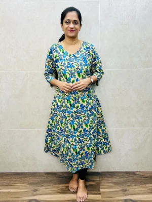 Printed premium cotton top (cotton lining) with potli work on yoke (Aline pattern)