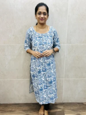 Printed premium flex cotton top with crochet lace work with pintuck work on yoke (Straight cut pattern)