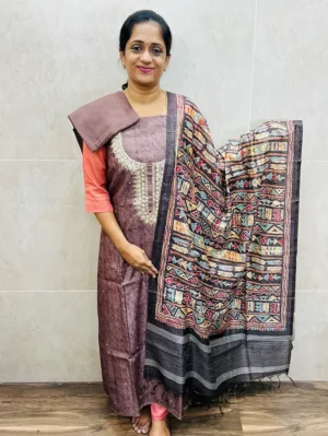 Premium semi tussar top with handworked yoke paired with semi tussar dupatta and silk bottom