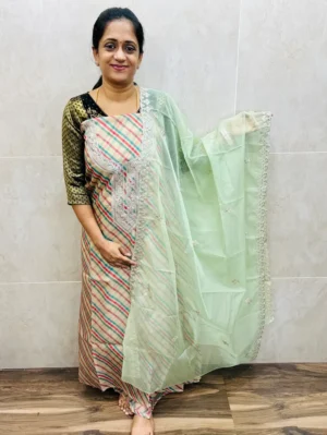 Digital printed organza top with embroidered yoke paired with embroidered organza dupatta and cotton silk bottom