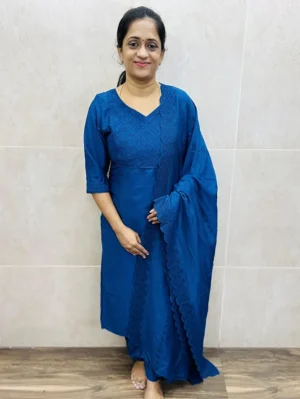 Royal Blue - Premium silk top (crepe lining) with Hakoba cutwork on yoke and sleeves paired with cutworked dupatta and silk bottom (straight cut)