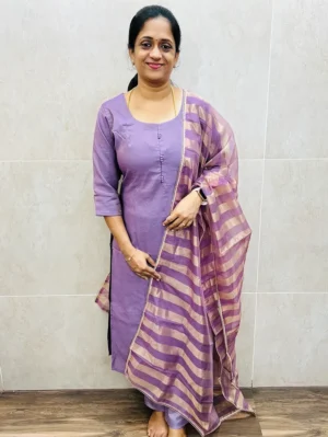 Light purple - Premium muslin silk top (full crepe lining) with potli work on yoke paired with soft shimmer tissue silk dupatta and silk bottom (straight cut)