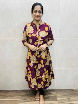 Maroon - Printed modal silk top (crepe lining) with potli work on yoke (Aline pattern)