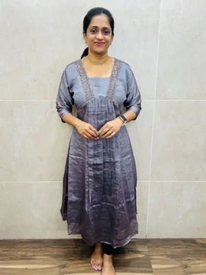 (Metallic grey) Premium silk cotton top(crepe lining) with beautiful handworked yoke(Aline pattern)