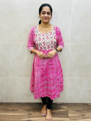 Printed Rayon top (crepe lining) with handworked yoke (Panel cut Anarkali)