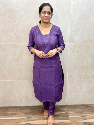 Purple - Soft silk top (cotton lining) with handworked yoke paired with soft silk bottom