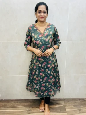Digital printed soft chanderi silk top(full crepe lining) with pretty handwork on yoke(panel cut Anarkali)