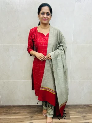 Red - Premium semi Raw silk top (cotton lining) with allover zari woven buttas paired with semi raw silk dupatta and silk bottom (free size)