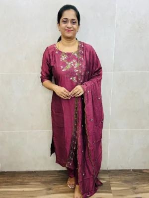 Dark mauve pink - Soft crepe silk top (crepe lining) with embroidered yoke paired with embroidered soft crepe silk dupatta and silk bottom (straight cut)
