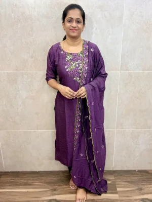 Purple - Soft crepe silk top (crepe lining) with embroidered yoke paired with embroidered soft crepe silk dupatta and silk bottom (straight cut)
