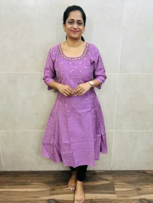 (Light lavender)Premium silk cotton top(cotton lining) with allover zari weaving buttas and handworked yoke(Panel Cut Anarkali)